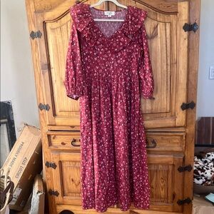 Ruffled V-Neck Maxi Dress in Burgundy Floral